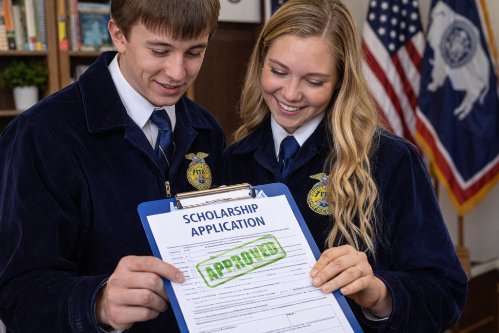 Two Wyoming FFA members in blue jackets review a scholarship application together, smiling as they hold a clipboard with an approved form in an academic setting.
