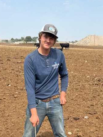 Student stands in a plowed pasture with cattle grazing in the background.