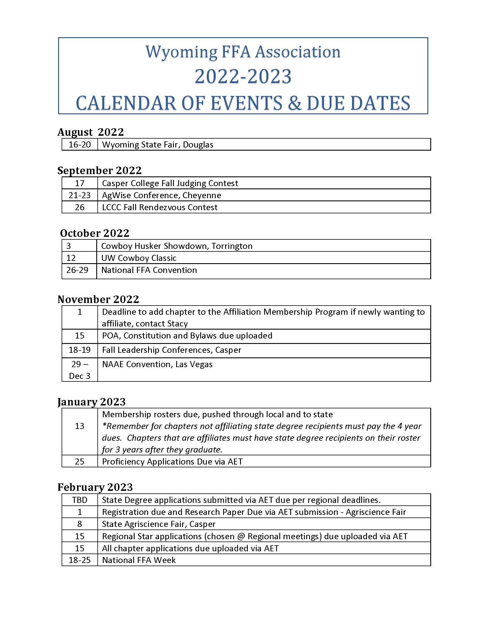 20222023 Wyoming FFA Calendar Wyoming FFA Association